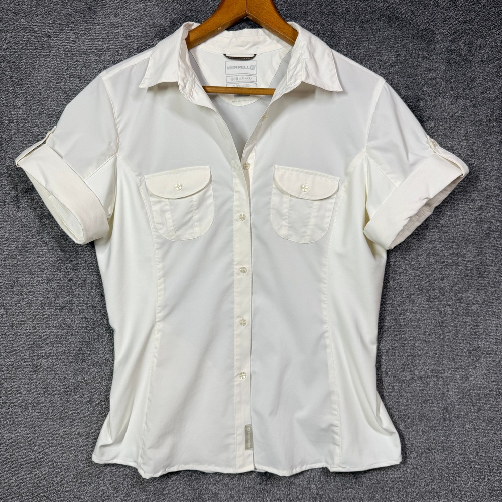 Merrell Opti-Wick Shirt Womens Large White Hiking UPF 30+ Short Sleeve Button Up